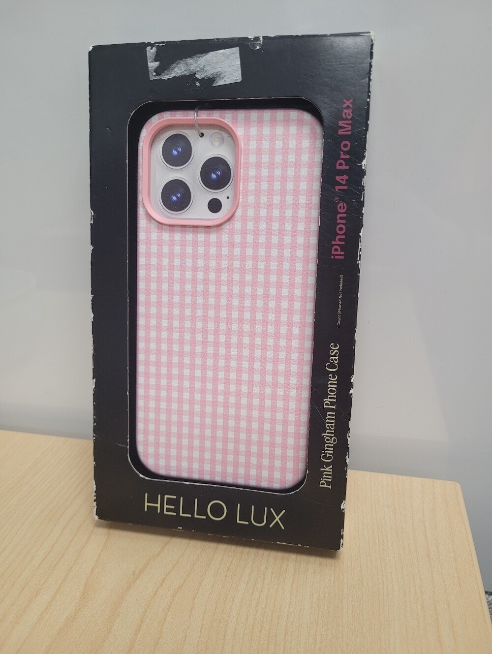 Hello Lux pink gingham phone case for the iPhone 14 Pro Max